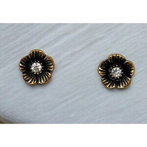 Vintage Flower Stud Earrings Black Floral Rhinestone Accent 1/4 Inch